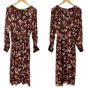 Calvin Klein Printed Round Neck Midi Chiffon Dress Size 16‎ Syrah Multi Belted